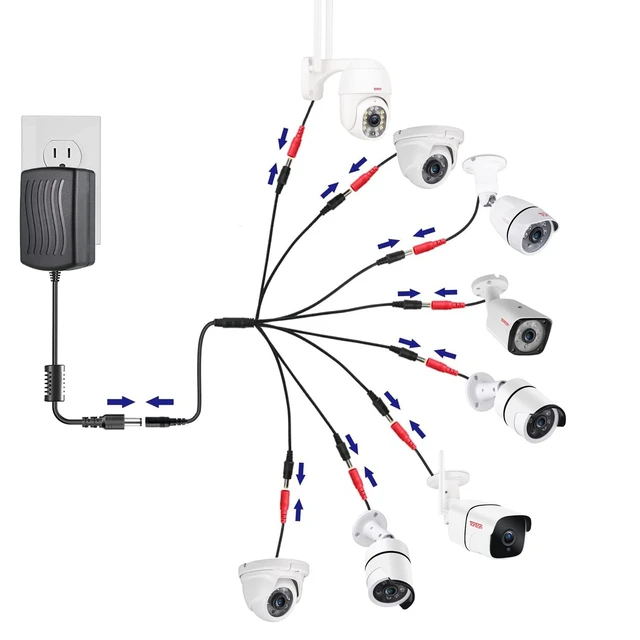 Alt view image 4 of 7 - 12V 3A Security Camera Power Supply Adapter with 8 Way Splitter Cable 100V-240V 2.1x5.5mm Power Supply Compatible with Lorex, Samsung, Q-See, Night Owl, Swann, Annke IP and BNC Cameras