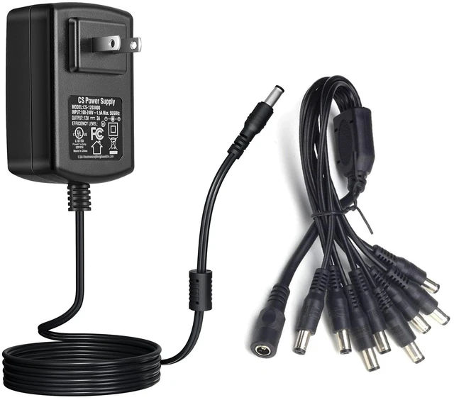 Main image of 12V 3A Security Camera Power Supply Adapter with 8 Way Splitter Cable 100V-240V 2.1x5.5mm Power Supply Compatible with Lorex, Samsung, Q-See, Night Owl, Swann, Annke IP and BNC Cameras