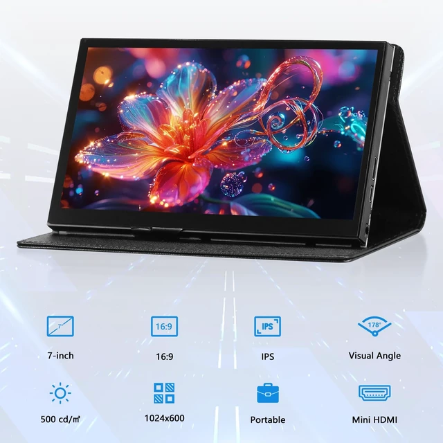 Alt view image 6 of 6 - 7 Inch Mini Monitor HDMI, Portable Monitor, 1024×600 LCD Screen, 178° View Angle IPS, Mini Small Display for PC/TV/DVD/CVBSNo Touchscreen