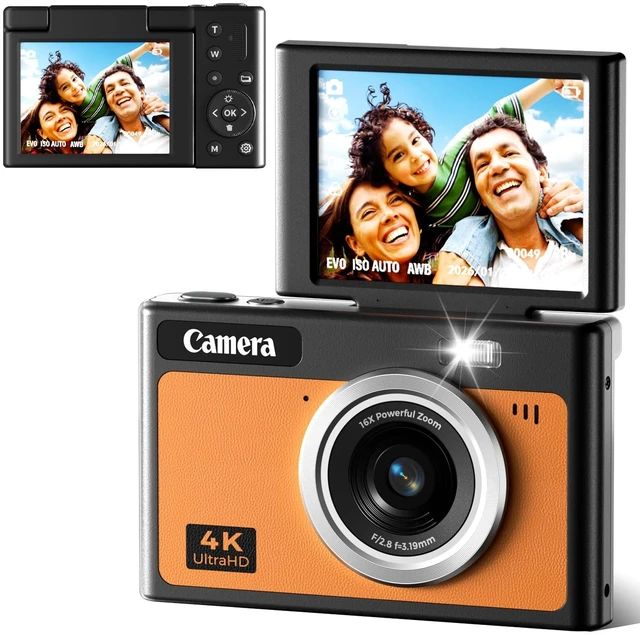 Main image of Digital Camera, 4K Autofocus Camera for Photography, 2.8" 180°Flip Screen, 48MP 16X Zoom Anti-Shake, Portable Compact Point and Shoot Camera for Teens Kids, 32GB Card, Gift for Boys Girls Beginners