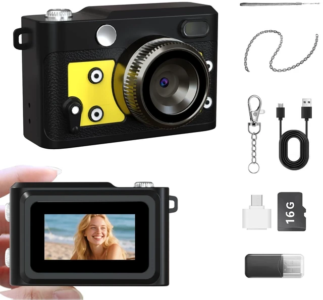 Main image of Mini Retro Keychain Camera - 1080P FHD Tiny Digital Camera with 2MP Lens, 0.96" Screen & OTG Adapter with 16GB Card, Vintage Compact Camera Gift for Birthdays,Beginners,Kids (Yellow)