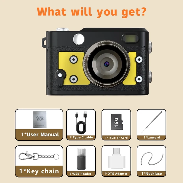 Alt view image 7 of 7 - Mini Retro Keychain Camera - 1080P FHD Tiny Digital Camera with 2MP Lens, 0.96" Screen & OTG Adapter with 16GB Card, Vintage Compact Camera Gift for Birthdays,Beginners,Kids (Yellow)