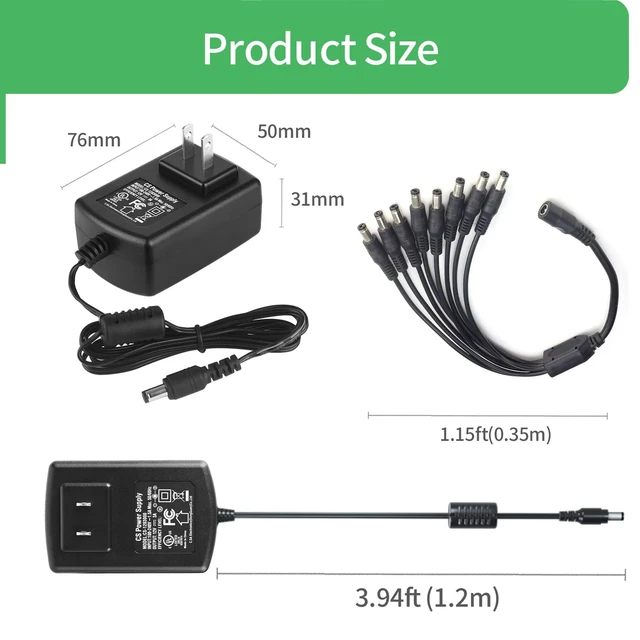 Alt view image 3 of 7 - 12V 3A Security Camera Power Supply Adapter with 8 Way Splitter Cable 100V-240V 2.1x5.5mm Power Supply Compatible with Lorex, Samsung, Q-See, Night Owl, Swann, Annke IP and BNC Cameras