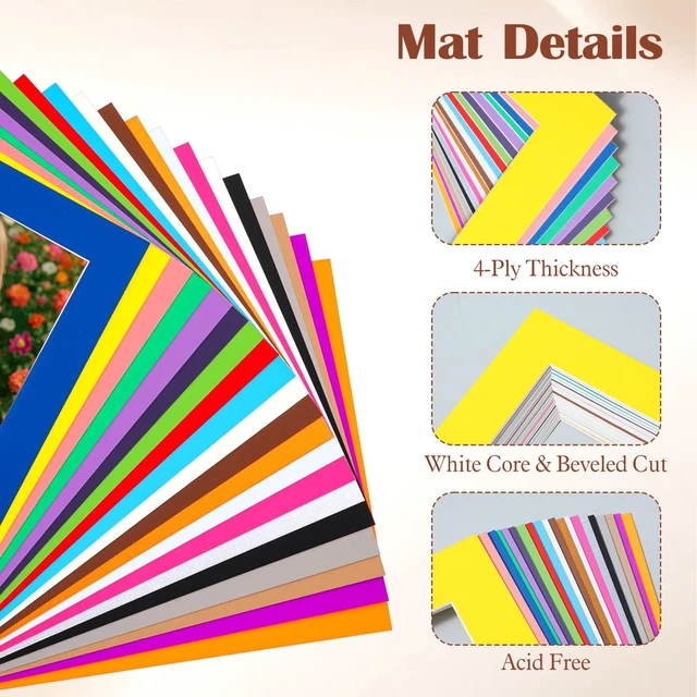 Alt view image 3 of 7 - 20 Pack Mixed Color Picture Mats, 10 x 14 Pre-Cut Acid Free Picture Mat for 8 x 11 Photos Artworks Prints with White Core Bevel Cut Framing Mats