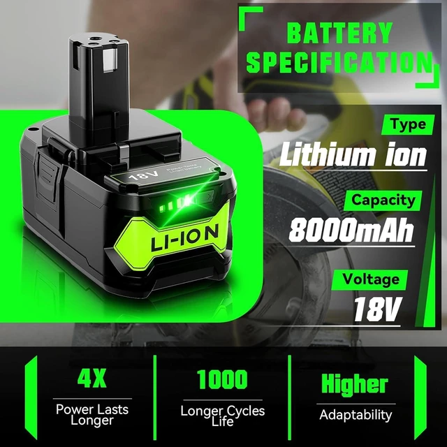 Alt view image 2 of 6 - 2Pack 8.0Ah P108 Repacement for Ryobi 18 Volt Battery and Charger Compatible with 18V Battery P102 P103 P104 P105 P107 P109 Cordless Power Tool