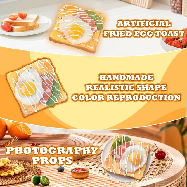 Alt view image 2 of 4 - 1Pcs Artificial Fried Egg Toast Simulation Bread Model Bakery Photo Props Showcase Prop Fake Toast Kitchen Props Toast Decor Fake Bread Pu Toast Model Home Supplies (Lettuce and Egg Toast)