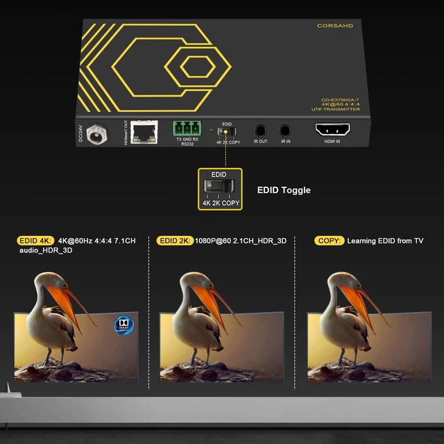 Alt view image 5 of 7 - HDMI Extender Over Ethernet 4k 60HZ Uncompressed 18G/BPS Over Single Cat5/6 up to 40m(165ft), RS232+POE+IR+HDCP2.2, HDR CEC EDID Management