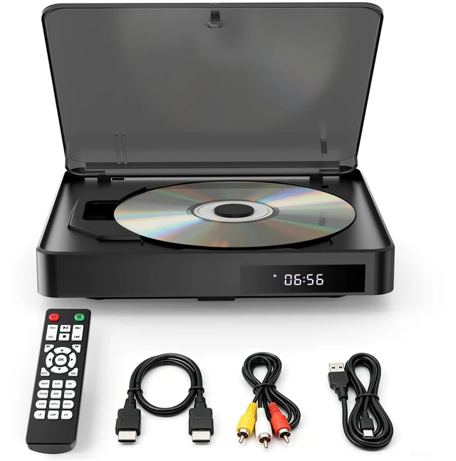 Main image of Mini DVD Player for TV, HDMI, AV, USB and TF Card, Black Small all-region DVD player with 1080p upscaling, remote, HDMI and RCA cables; no Blu-ray support