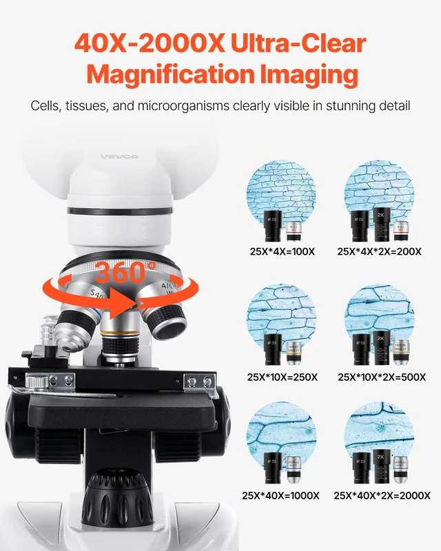 Alt view image 2 of 7 - Compound Binocular Microscope, 40-2000X Magnification, Professional Compound Microscope for Adult with Phone Adapter, LED Light, Aluminum Alloy Body, for Lab, School, Home, Education