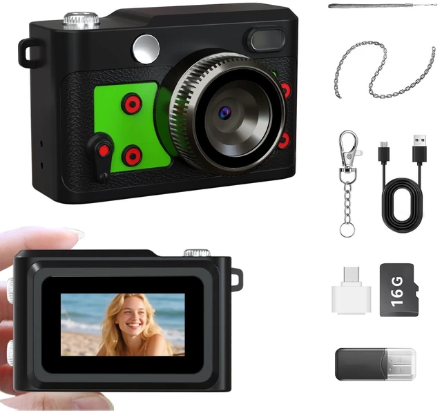 Main image of Mini Retro Keychain Camera - 1080P FHD Tiny Digital Camera with 2MP Lens, 0.96" Screen & OTG Adapter with 16GB Card, Vintage Compact Camera Gift for Birthdays,Beginners,Kids (Green)