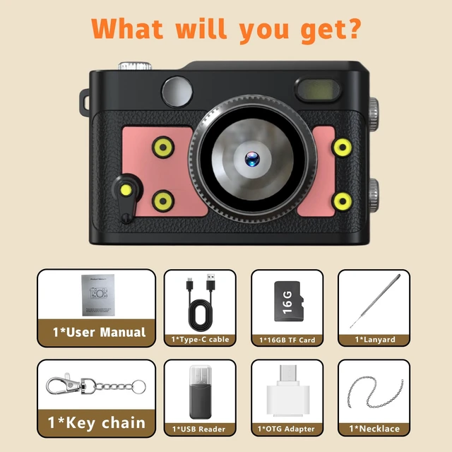 Alt view image 7 of 7 - Mini Retro Keychain Camera - 1080P FHD Tiny Digital Camera with 2MP Lens, 0.96" Screen & OTG Adapter with 16GB Card, Vintage Compact Camera Gift for Birthdays,Beginners,Kids (Pink)