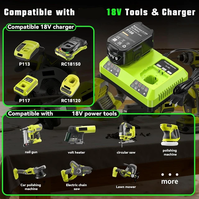 Alt view image 3 of 6 - 2Pack 8.0Ah P108 Repacement for Ryobi 18 Volt Battery and Charger Compatible with 18V Battery P102 P103 P104 P105 P107 P109 Cordless Power Tool