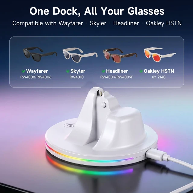 Alt view image 2 of 7 - Charging Dock Compatible with Ray-Ban Meta Smart Glasses, White Compatible with Wayfarer, Skyler, Headliner & Oakley HSTN. Features LED power status light