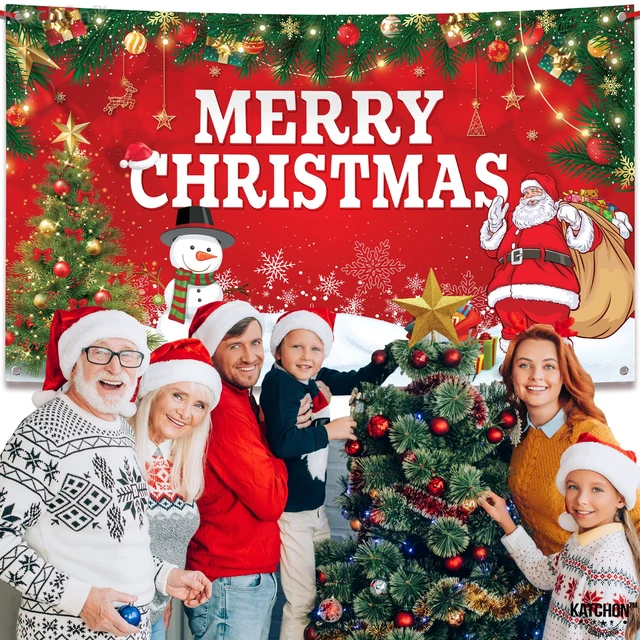 Alt view image 5 of 7 - Merry Christmas Banner for Christmas Decorations 72x44 Inch Xmas Backdrop for Holiday Party Decorations
