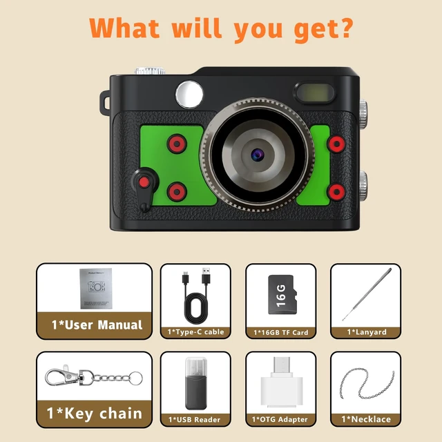 Alt view image 6 of 6 - Mini Retro Keychain Camera - 1080P FHD Tiny Digital Camera with 2MP Lens, 0.96" Screen & OTG Adapter with 16GB Card, Vintage Compact Camera Gift for Birthdays,Beginners,Kids (Green)