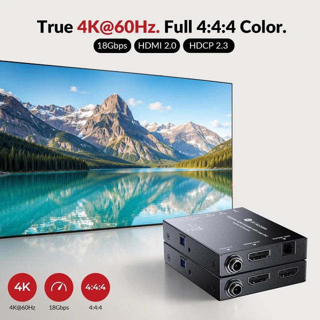 Alt view image 2 of 7 - AV Access 4K60Hz HDMI Extender Over Cat6/7 Ethernet Balun 230ft 18Gbps HDR10, Loop Out, 4K@60Hz 4:4:4 8bit, 1080P@120Hz, HDMI2.0, HDCP2.3, PoC, IR, EDID, ARC, Dolby Atmos, HDMI Over CAT5