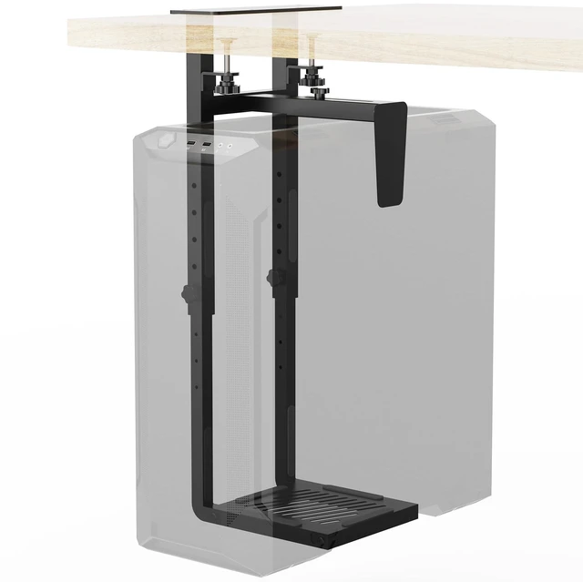 Main image of Adjustable Under Desk PC Mount, Clamp-On CPU Holder, Black 66LBS Load Capacity, Anti-fall Baffle & EVA Anti-slip Pads, Keeps CPU Stable, Fits Most Mid-Tower PC Cases