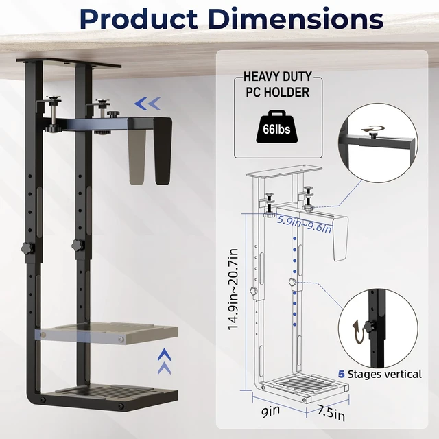 Alt view image 2 of 7 - Adjustable Under Desk PC Mount, Clamp-On CPU Holder, Black 66LBS Load Capacity, Anti-fall Baffle & EVA Anti-slip Pads, Keeps CPU Stable, Fits Most Mid-Tower PC Cases