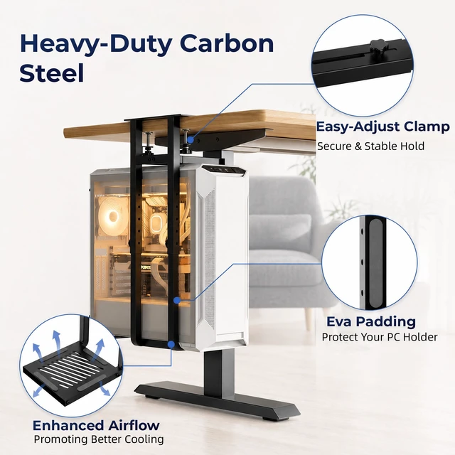 Alt view image 3 of 7 - Adjustable Under Desk PC Mount, Clamp-On CPU Holder, Black 66LBS Load Capacity, Anti-fall Baffle & EVA Anti-slip Pads, Keeps CPU Stable, Fits Most Mid-Tower PC Cases
