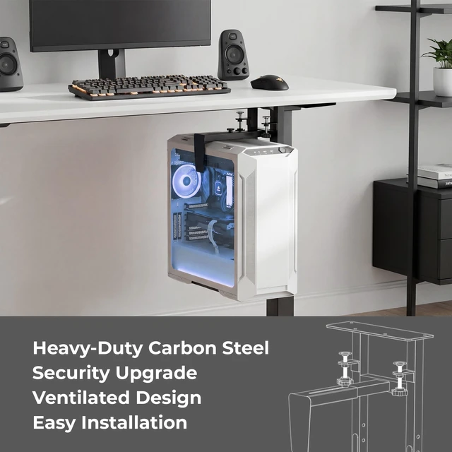 Alt view image 4 of 7 - Adjustable Under Desk PC Mount, Clamp-On CPU Holder, Black 66LBS Load Capacity, Anti-fall Baffle & EVA Anti-slip Pads, Keeps CPU Stable, Fits Most Mid-Tower PC Cases