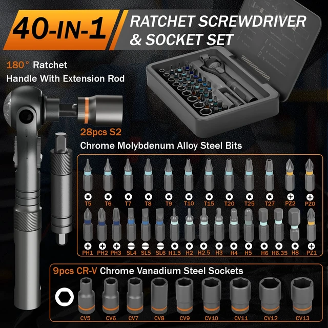 Alt view image 2 of 7 - 40 in 1 Magnetic Ratchet Screwdriver Set, Multi Bit Screwdriver Kit with 180° Adjustable Handle, S2 Bits and CR-V Socket Sets, Portable Tools for Computer, Electronics, Bike and Home Repair