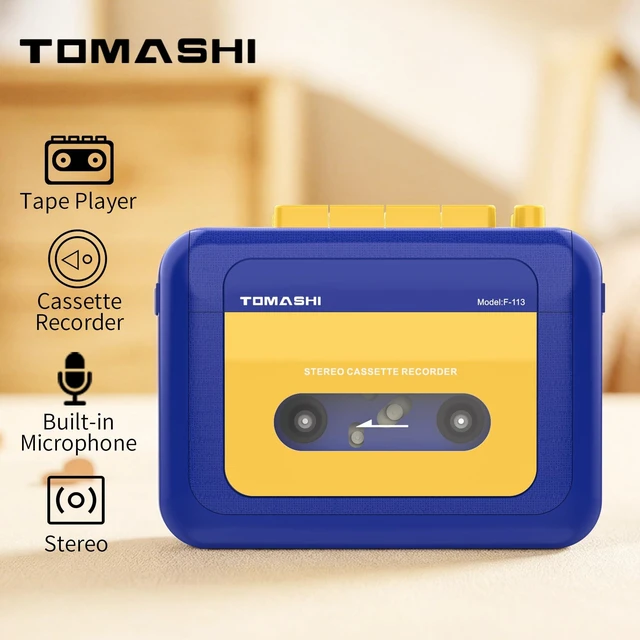 Alt view image 2 of 7 - Portable Stereo Cassette Tape PlayerWallkmanCassette Recorder Retro Cassette Player,Tape Recorder with Built-in Mic,Earphone jack,Type-C or Battery,includes Earphones,Blue&Yellow Two-Tone