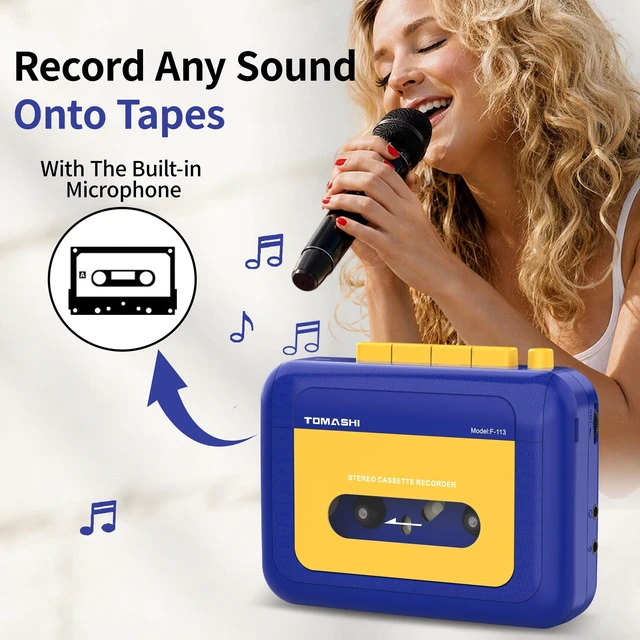 Alt view image 4 of 7 - Portable Stereo Cassette Tape PlayerWallkmanCassette Recorder Retro Cassette Player,Tape Recorder with Built-in Mic,Earphone jack,Type-C or Battery,includes Earphones,Blue&Yellow Two-Tone