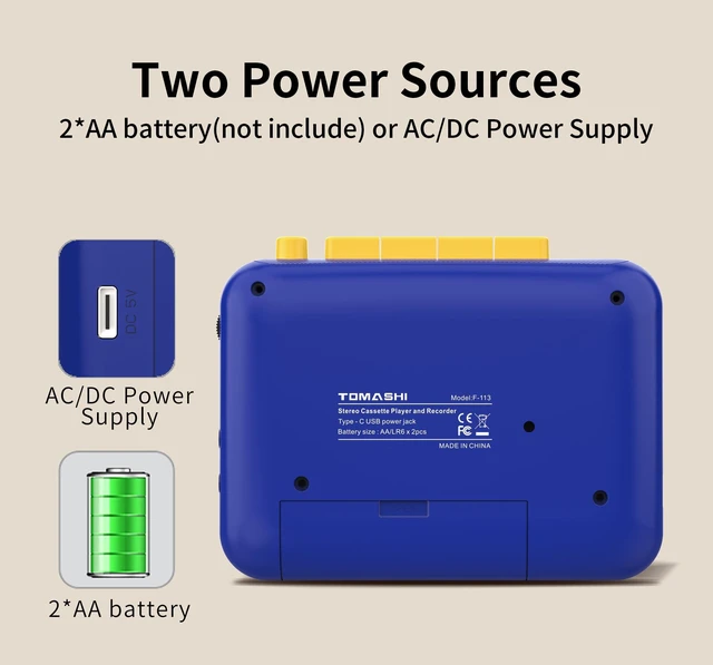 Alt view image 5 of 7 - Portable Stereo Cassette Tape PlayerWallkmanCassette Recorder Retro Cassette Player,Tape Recorder with Built-in Mic,Earphone jack,Type-C or Battery,includes Earphones,Blue&Yellow Two-Tone
