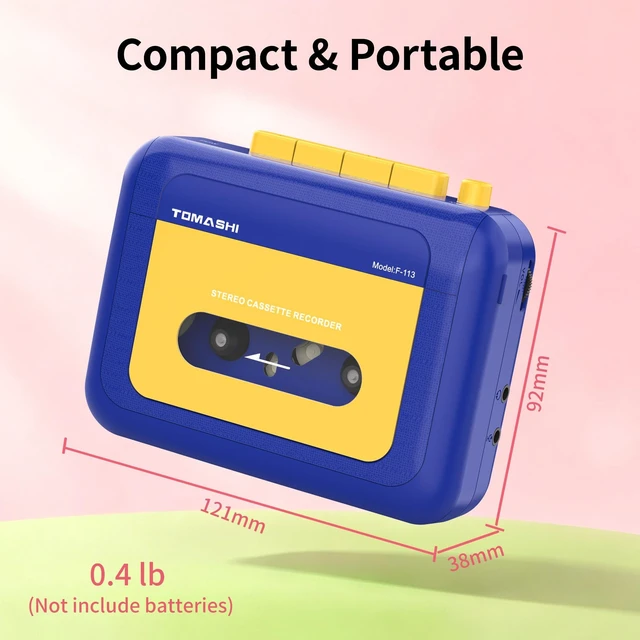 Alt view image 7 of 7 - Portable Stereo Cassette Tape PlayerWallkmanCassette Recorder Retro Cassette Player,Tape Recorder with Built-in Mic,Earphone jack,Type-C or Battery,includes Earphones,Blue&Yellow Two-Tone