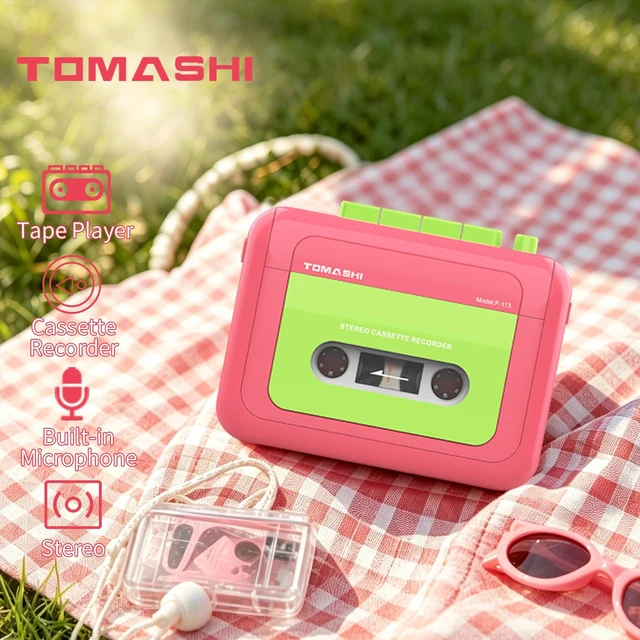 Alt view image 2 of 7 - Portable Stereo Cassette Tape PlayerWallkmanCassette Recorder Retro Cassette Player,Tape Recorder with Built-in Mic,Earphone jack,Type-C or Battery,includes Earphones,Pink&Green Two-Tone