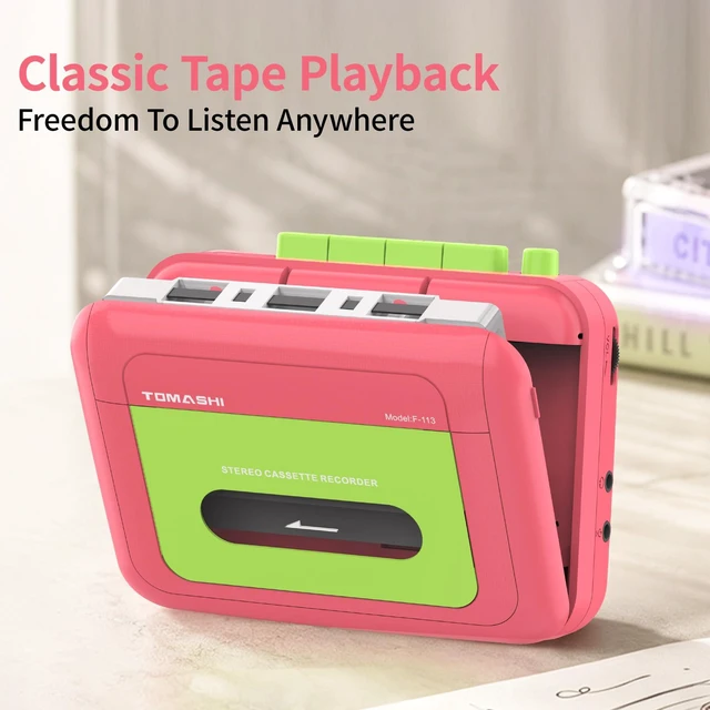 Alt view image 3 of 7 - Portable Stereo Cassette Tape PlayerWallkmanCassette Recorder Retro Cassette Player,Tape Recorder with Built-in Mic,Earphone jack,Type-C or Battery,includes Earphones,Pink&Green Two-Tone