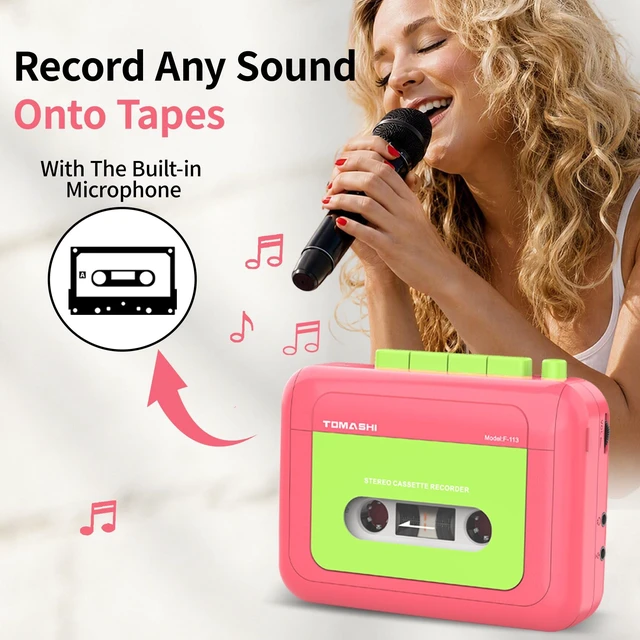 Alt view image 4 of 7 - Portable Stereo Cassette Tape PlayerWallkmanCassette Recorder Retro Cassette Player,Tape Recorder with Built-in Mic,Earphone jack,Type-C or Battery,includes Earphones,Pink&Green Two-Tone