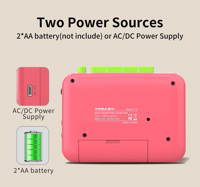 Alt view image 5 of 7 - Portable Stereo Cassette Tape PlayerWallkmanCassette Recorder Retro Cassette Player,Tape Recorder with Built-in Mic,Earphone jack,Type-C or Battery,includes Earphones,Pink&Green Two-Tone