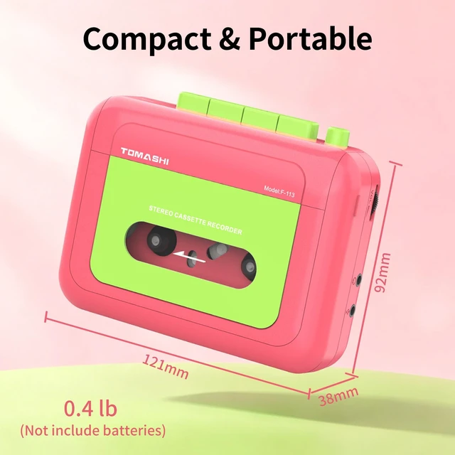 Alt view image 7 of 7 - Portable Stereo Cassette Tape PlayerWallkmanCassette Recorder Retro Cassette Player,Tape Recorder with Built-in Mic,Earphone jack,Type-C or Battery,includes Earphones,Pink&Green Two-Tone
