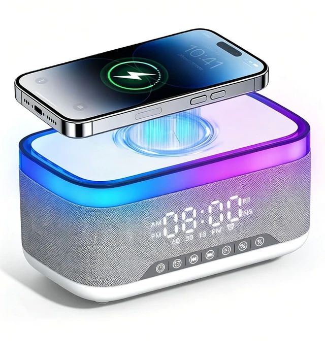 Main image of Bluetooth Speaker with Wireless Charging, Alarm Clock Radio for Bedrooms White Noise Wireless Speaker with FM Radio Phone Charger Dimmable Dual Alarm 13-Color Night Light Birthday Gifts for Men, Women