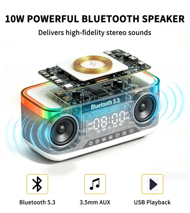 Alt view image 2 of 7 - Bluetooth Speaker with Wireless Charging, Alarm Clock Radio for Bedrooms White Noise Wireless Speaker with FM Radio Phone Charger Dimmable Dual Alarm 13-Color Night Light Birthday Gifts for Men, Women