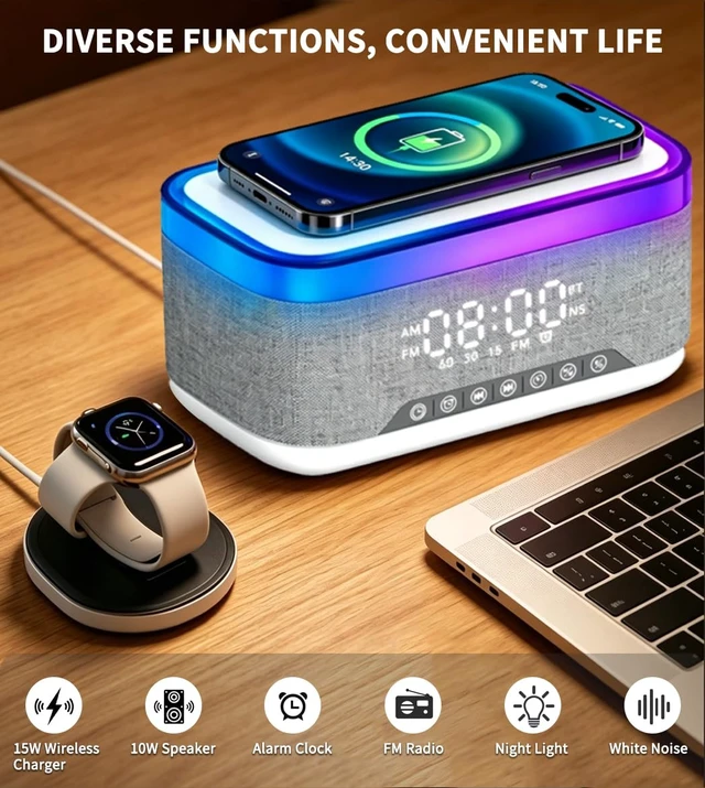Alt view image 4 of 7 - Bluetooth Speaker with Wireless Charging, Alarm Clock Radio for Bedrooms White Noise Wireless Speaker with FM Radio Phone Charger Dimmable Dual Alarm 13-Color Night Light Birthday Gifts for Men, Women