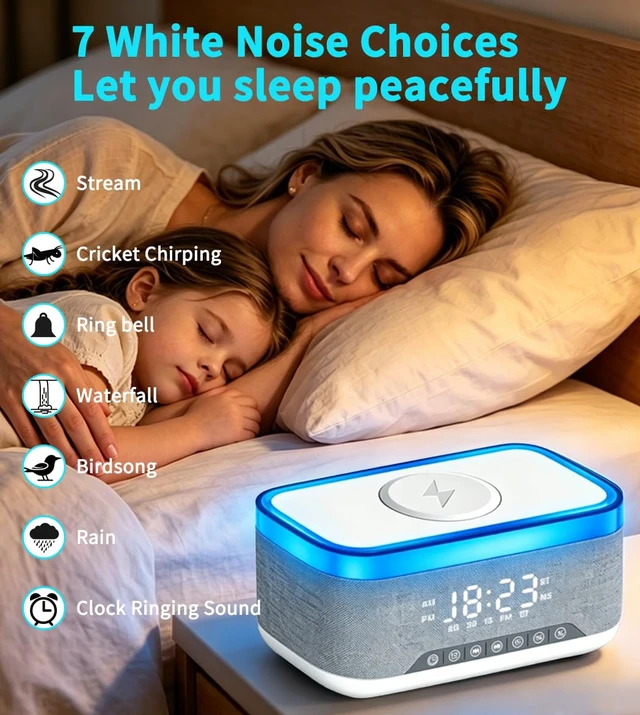 Alt view image 5 of 7 - Bluetooth Speaker with Wireless Charging, Alarm Clock Radio for Bedrooms White Noise Wireless Speaker with FM Radio Phone Charger Dimmable Dual Alarm 13-Color Night Light Birthday Gifts for Men, Women