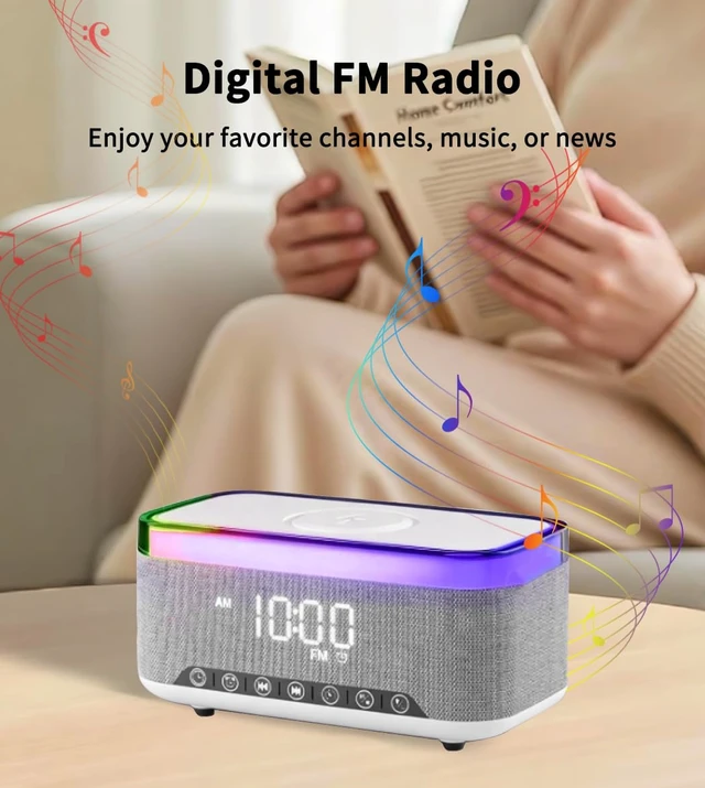 Alt view image 7 of 7 - Bluetooth Speaker with Wireless Charging, Alarm Clock Radio for Bedrooms White Noise Wireless Speaker with FM Radio Phone Charger Dimmable Dual Alarm 13-Color Night Light Birthday Gifts for Men, Women