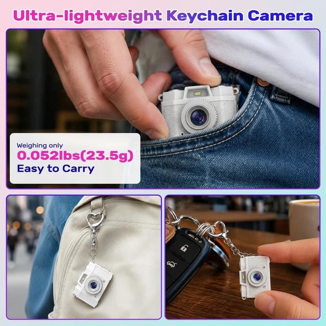 Alt view image 2 of 7 - Mini Camera Keychain with 32GB Card: 1080P Retro Pocket-Size Camera Built-in Flash, 5 Vintage Filters, 1.47 HD Display, USB-C Rechargeable, for Adults Kids Teens Y2K Travel Party Vlog