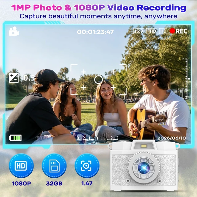Alt view image 3 of 7 - Mini Camera Keychain with 32GB Card: 1080P Retro Pocket-Size Camera Built-in Flash, 5 Vintage Filters, 1.47 HD Display, USB-C Rechargeable, for Adults Kids Teens Y2K Travel Party Vlog