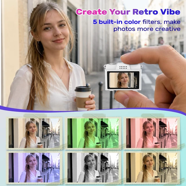 Alt view image 4 of 7 - Mini Camera Keychain with 32GB Card: 1080P Retro Pocket-Size Camera Built-in Flash, 5 Vintage Filters, 1.47 HD Display, USB-C Rechargeable, for Adults Kids Teens Y2K Travel Party Vlog