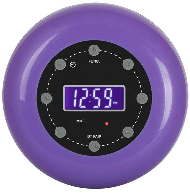 Main image of HX-159CR Shower Clock Radio, FM, Bluetooth, Waterproof (Purple) Digital Clock, LCD Display, Bluetooth with Hand-Free, IPX4 Waterproof, Built-in Rechargeable Battery, Unique Suction Cup