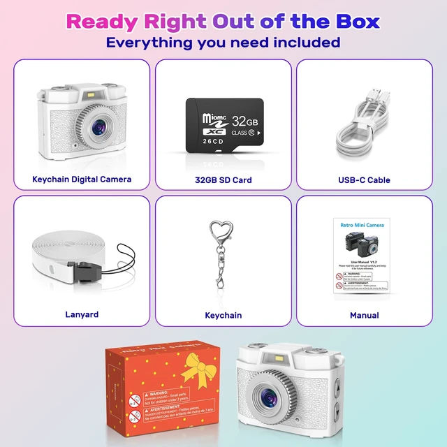 Alt view image 7 of 7 - Mini Camera Keychain with 32GB Card: 1080P Retro Pocket-Size Camera Built-in Flash, 5 Vintage Filters, 1.47 HD Display, USB-C Rechargeable, for Adults Kids Teens Y2K Travel Party Vlog