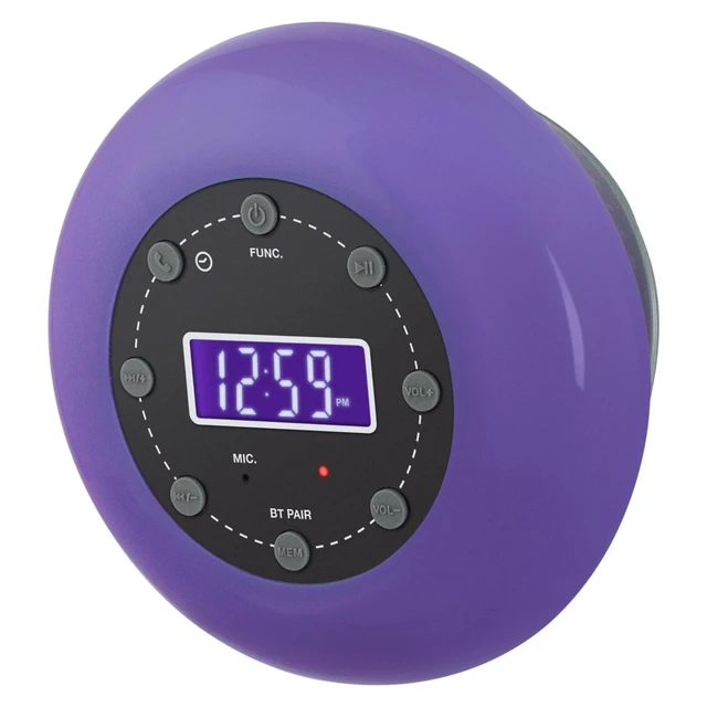 Alt view image 2 of 7 - HX-159CR Shower Clock Radio, FM, Bluetooth, Waterproof (Purple) Digital Clock, LCD Display, Bluetooth with Hand-Free, IPX4 Waterproof, Built-in Rechargeable Battery, Unique Suction Cup