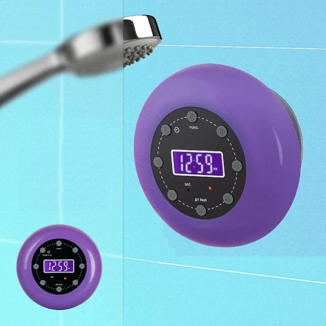 Alt view image 5 of 7 - HX-159CR Shower Clock Radio, FM, Bluetooth, Waterproof (Purple) Digital Clock, LCD Display, Bluetooth with Hand-Free, IPX4 Waterproof, Built-in Rechargeable Battery, Unique Suction Cup