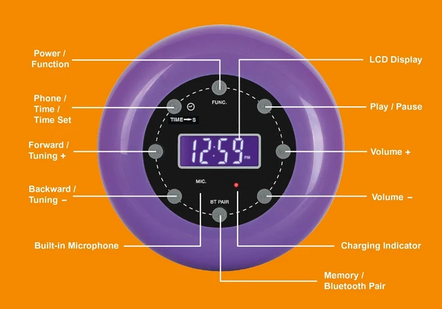 Alt view image 4 of 7 - HX-159CR Shower Clock Radio, FM, Bluetooth, Waterproof (Purple) Digital Clock, LCD Display, Bluetooth with Hand-Free, IPX4 Waterproof, Built-in Rechargeable Battery, Unique Suction Cup