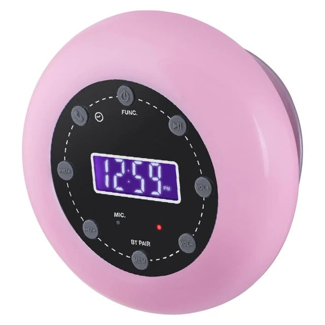 Alt view image 2 of 7 - HX-159CR Shower Clock Radio, FM, Bluetooth, Waterproof (Pink) Digital Clock, LCD Display, Bluetooth with Hand-Free, IPX4 Waterproof, Built-in Rechargeable Battery, Unique Suction Cup