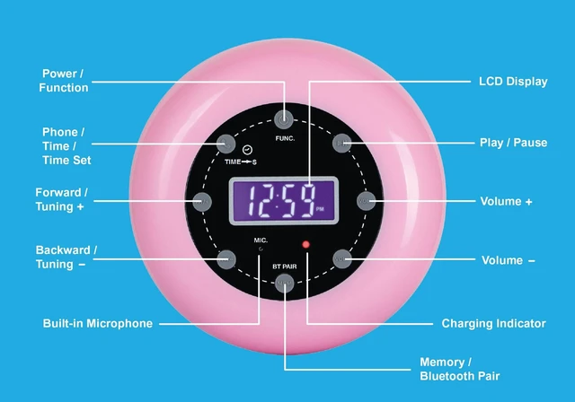 Alt view image 4 of 7 - HX-159CR Shower Clock Radio, FM, Bluetooth, Waterproof (Pink) Digital Clock, LCD Display, Bluetooth with Hand-Free, IPX4 Waterproof, Built-in Rechargeable Battery, Unique Suction Cup