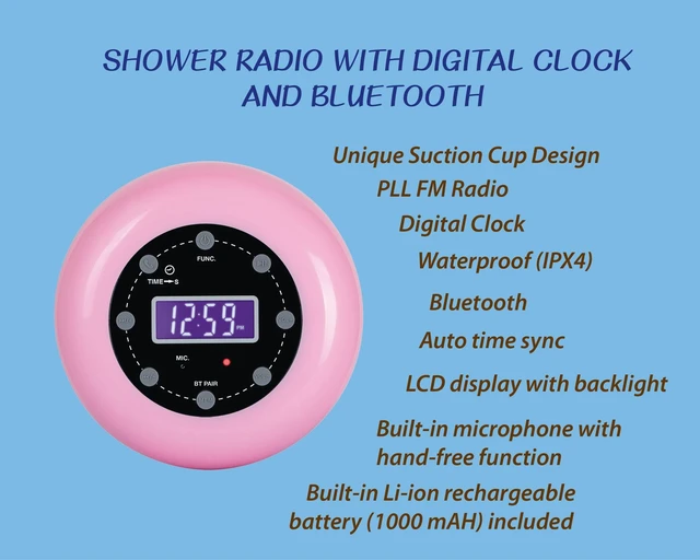 Alt view image 3 of 7 - HX-159CR Shower Clock Radio, FM, Bluetooth, Waterproof (Pink) Digital Clock, LCD Display, Bluetooth with Hand-Free, IPX4 Waterproof, Built-in Rechargeable Battery, Unique Suction Cup